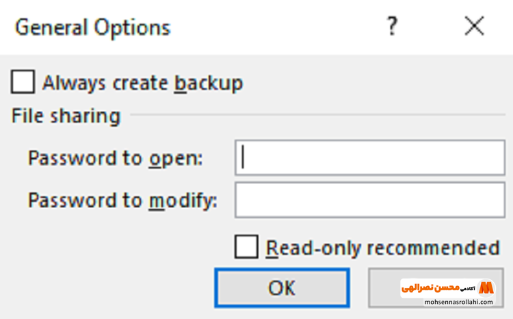 برای رمزگذاری فایل اکسل وارد بخش GENERAL OPTION شوید